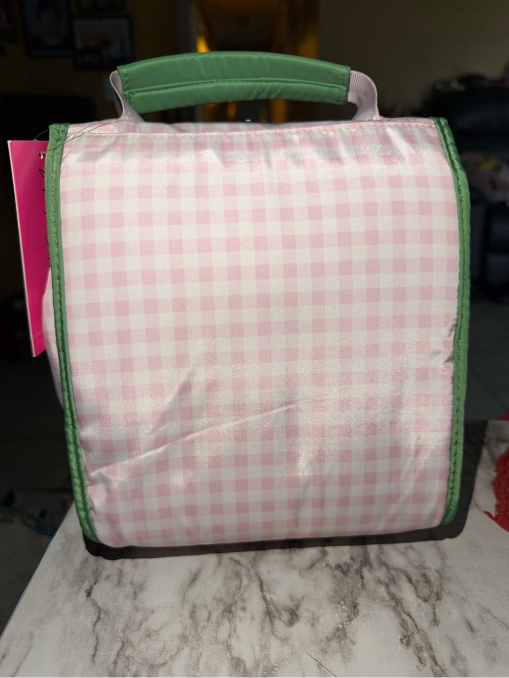 Betsey Johnson Pink Gingham Insulated flap top Handle Lunch Tote Bag Green Trim - Picture 3 of 4